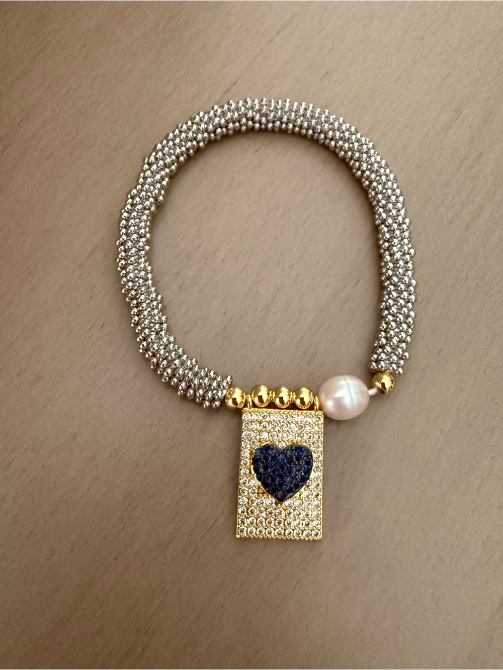 Gold Pendant Necklace with Blue Heart Accent and Silver Beaded Chain
